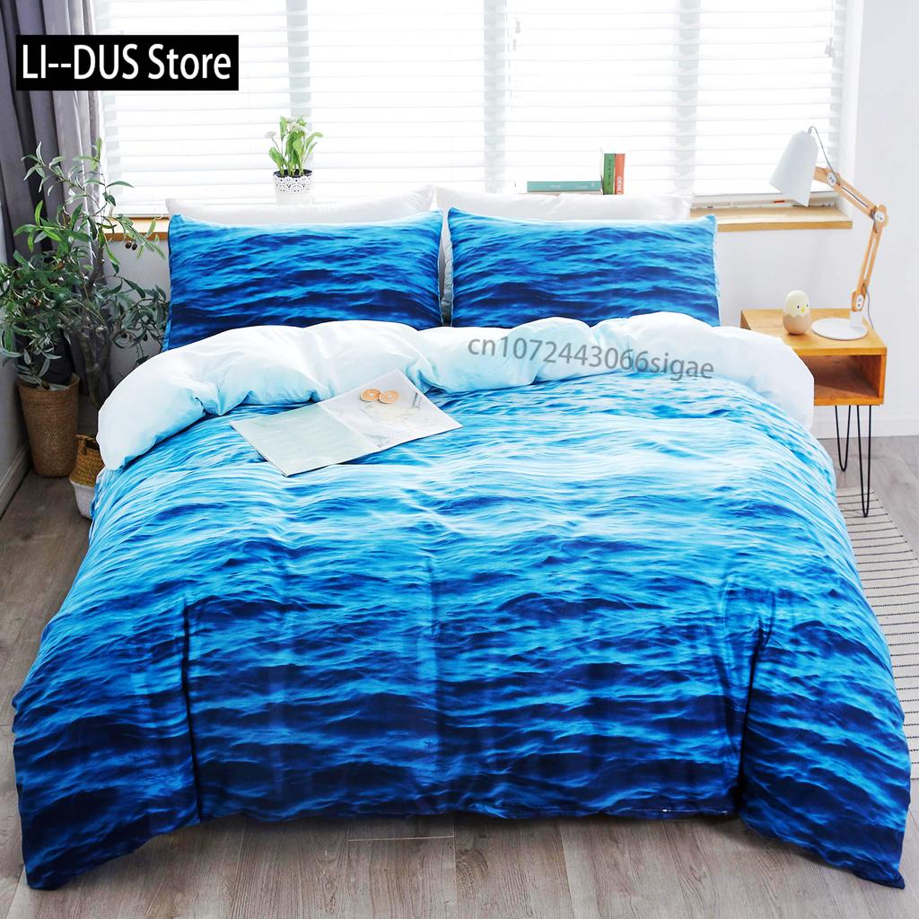 Vågstäckt Påslakan King/Queen Size 3D Blå Havsskumvågor Sängkläder Set För Barn Tonåringar, Azurblått Havsvatten Mjuk Täcktäckare