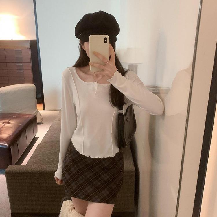 Versatile Long Sleeve T Shirt for Women New Style Slimming Pure Desire Bottoming Retro Spring and Autumn
