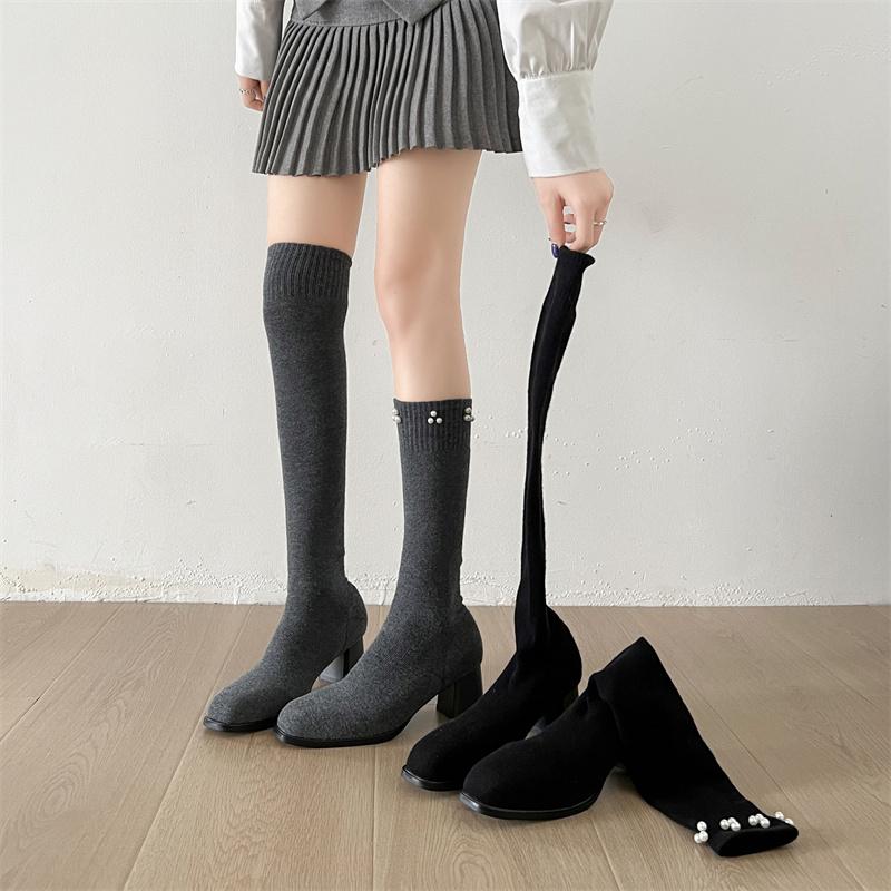 Fashion Versatile Square Toe High Heel Long Tube Boots for Women 2025 Autumn New Elegant Comfortable Casual Non Slip Socks Boots