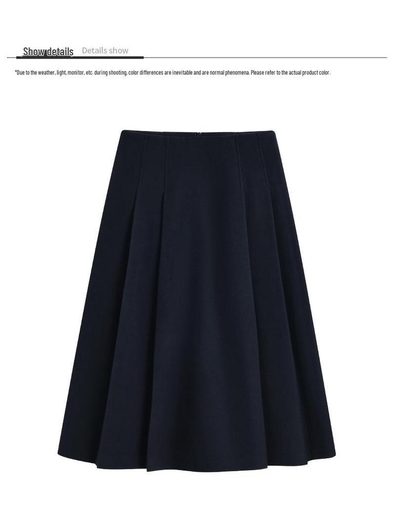2025 Autumn/Winter Women's Wool Dark Blue A-Line Skirt: High-End, Slimming, Mid-Length
