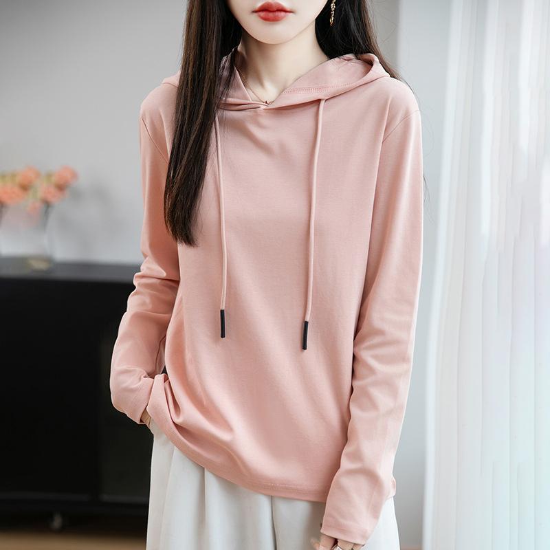 Women's Hooded Long Sleeve Sweatshirt Loose Fit Japanese Korean Casual Solid Color Cotton Spring Daily Versatile Layering Pullover Top