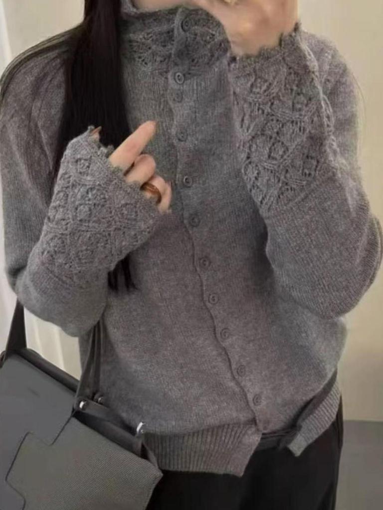 Gentle Temperament Versatile Solid Color Crochet Design Cardigan - 2025 Autumn/Winter Collection for Women