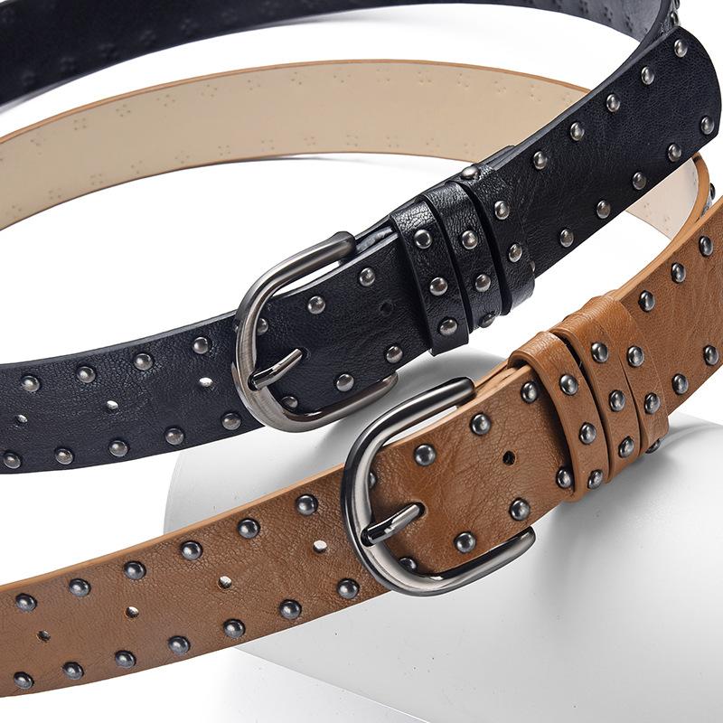 Punk Round Rivet Belt, Green Men'S And Women'S Denim Casual Bead Wide Belt, Xian Style.