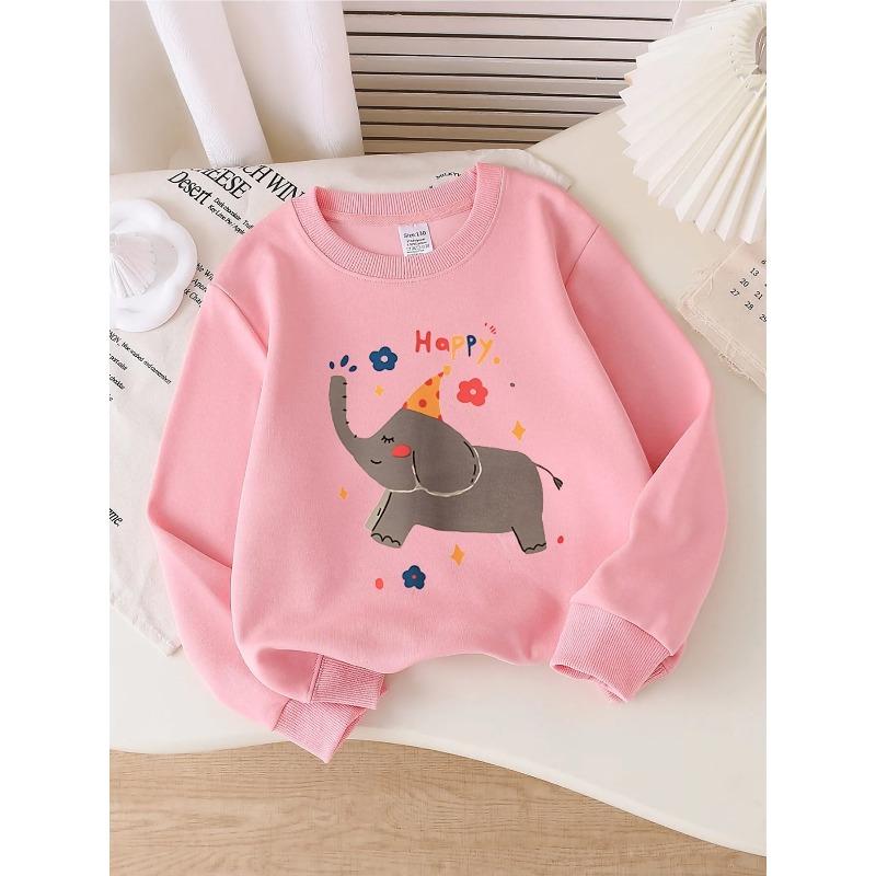 European sizes Crewneck Sweatshirt for Kids Featuring a Cheerful Elephant with a Party Hat, Flowers, And Stars.Perfect for Sports And Casual Outings