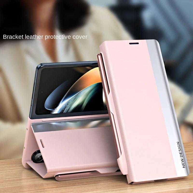 

Leather Electroplating Holder Pen Slot Tape Phone Case for Samsung Galaxy Z Fold 6 5 4 3 Fold5 Fold4 Fold3 Magnetic Flip Cover Galaxy Z Fold4 рожевий