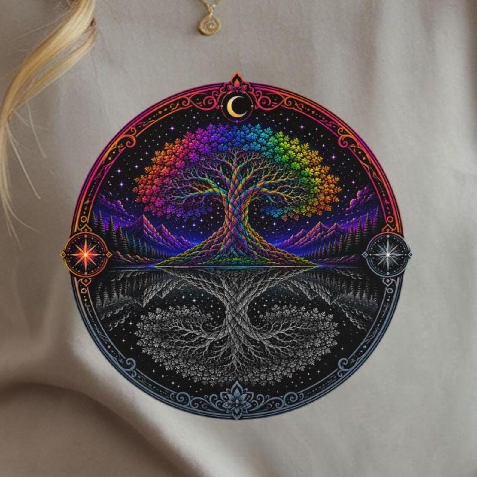 Neon Yggdrasil Reflection Shirt | Psychedelic Tree of Life Tee | Colorful Cosmic Tree 4XL