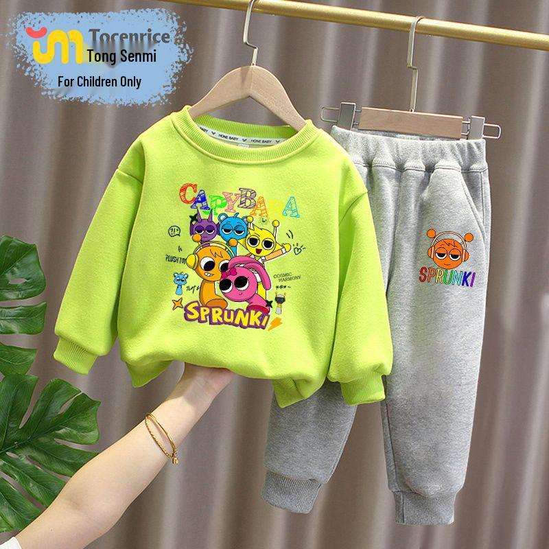 Sprunki Rhythm Box Kids' Plus Velvet Hoodie Set, Unisex, Warm Two-Piece for Autumn/Winter