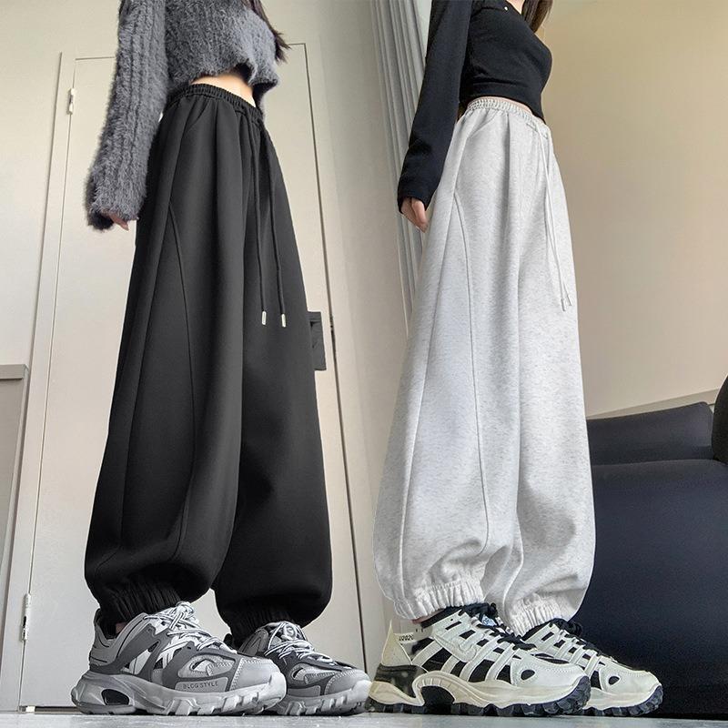 Grey sweatpants women's spring and autumn new high waist wide legs thin sweatpants small casual tied feet Harlan pants