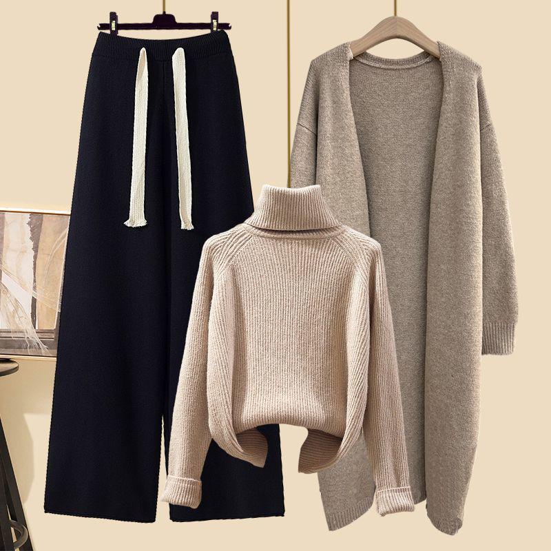 Women's Autumn 2024 Three-Piece Set: Mid-Length Cardigan Jacket, High-Neck Sweater, and Slim Wide-Leg Pants