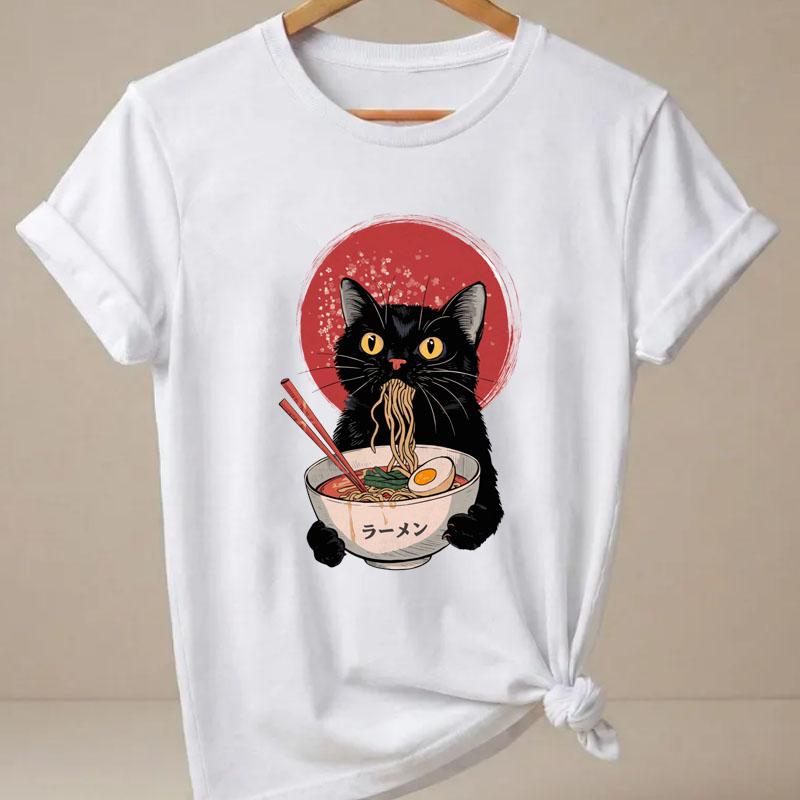 RaUnisex Cat TShirt Unisex Funny Short Sleeve Graphic T Shirts Japanese Cat Printed Kitty Tops Summer Round Neck Cat Lover Tees