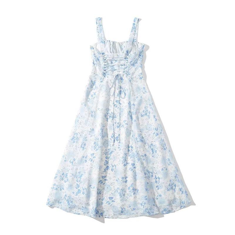 Kaslead New Arrival Women's Fashion Style Print Sexy Suspenders Midi Dress Lace-up Waist-Controlled Slim Looking Dress