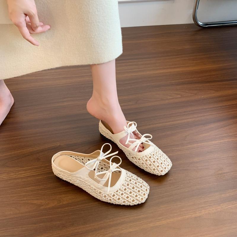 Fashion Fashion Inner Height Increase Baotou Half Slippers for Women  Summer Outside Wear New Hollow Sandals Bow Mary Jane Single Shoes