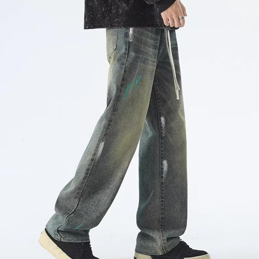 American High Street Tie-dye Ink-splashing Wide-leg Jeans Men's Trendy Brand Washed Autumn Old Style Straight Trousers