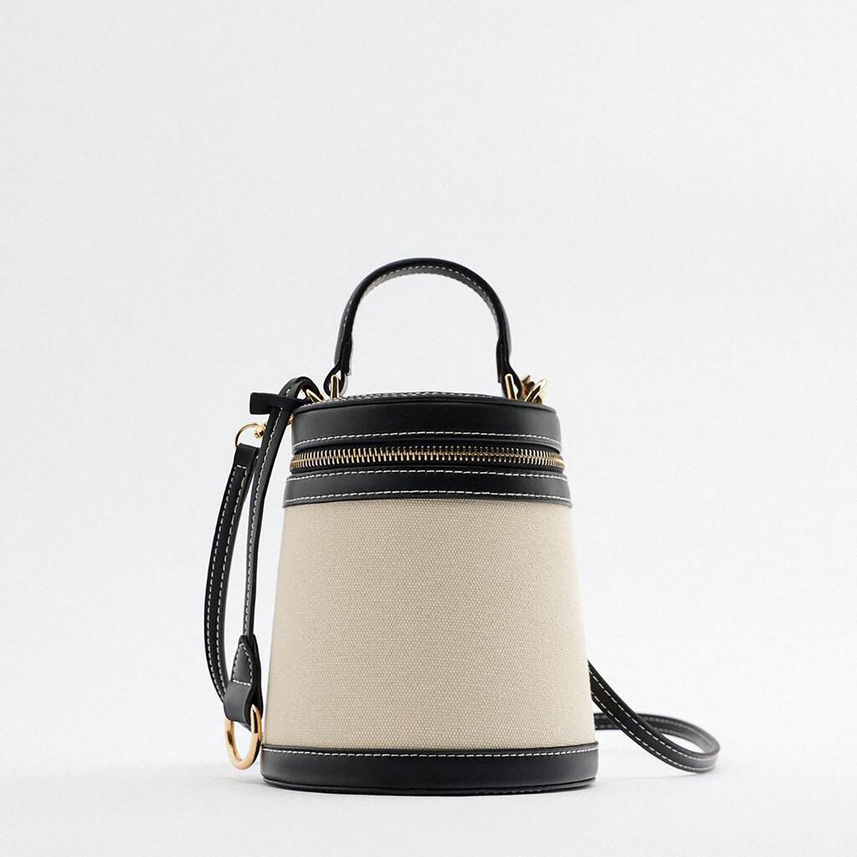 2026 fashi women s bag spring and summer new cylinder color box shape single shoulder oblique bag canvas bag bucket bag чёрный