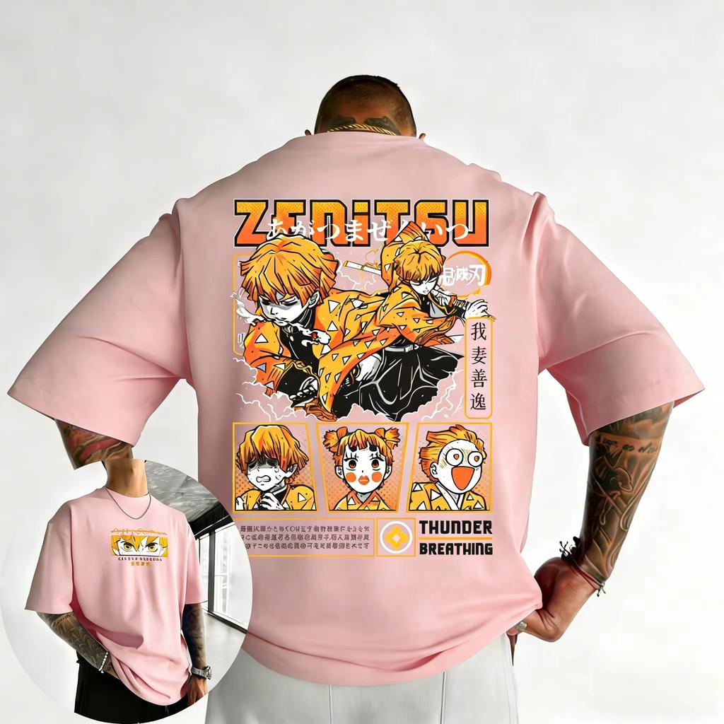 Demon Slayer Zenitsu Agatsuma Thunder Breathing Manga Dual-Sided Oversized T-Shirt Japanese Anime Harajuku Streetwear Unisex Casual White T-shirt