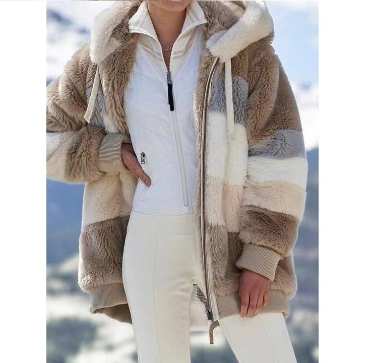 Autumn and Winter Warm Plush Patchwork Zipper Pocket Hooded Jacket for Women