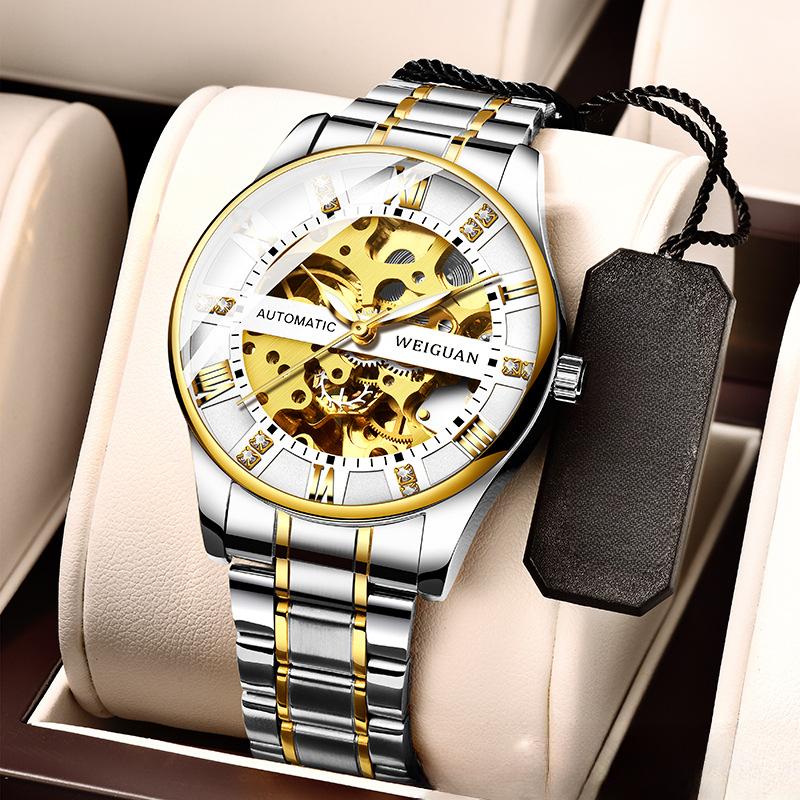 Relógio mecânico totalmente automático masculino oco negócios à prova d'água luminoso moda