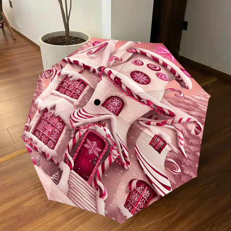 1pc Candy Cane House Automatic Open/Close Umbrella Compact Folding Umbrella with 8-Rib Shaft for Women/Men, Elegant Birthday1157S