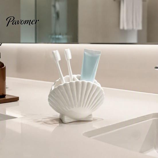 Moisture Proof Bathroom Container Shell Shape Toothbrush Holder for Countertop, 2 Compartments Waterproof Multi Compartment Storage Desktop Organizer,