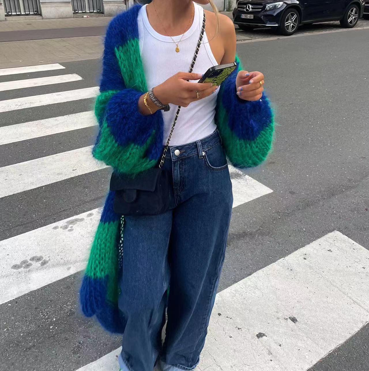 

2024 Осіннє контрастне смугасте пальто-светр довгої довжини у лінивому стилі (Модель HY062) Small зелений