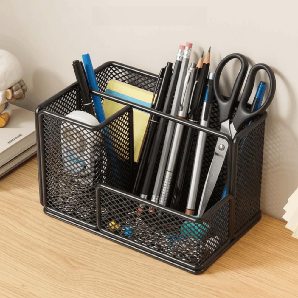 3 Compartments Desktop Pen Holder Carbon Steel Stationery Storage Rack Home Use