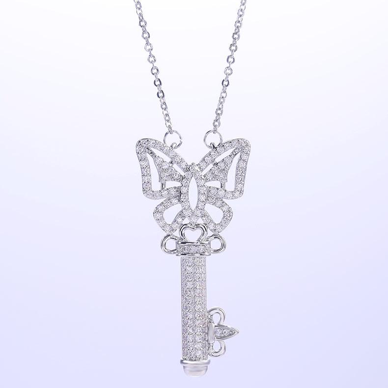 Silver Plated Butterfly Key Full CZ Pendant Necklace, Elegant Sparkling Cable Chain Necklace for Women