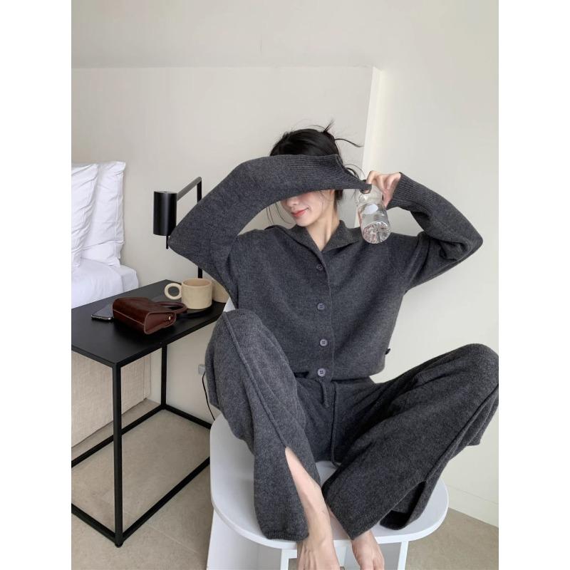 Casual Gray Fashion Knit Suit Women's New Autumn and Winter Korean Version of Loose and Lazy Open Fork Wide Leg Pants Two-piece Set