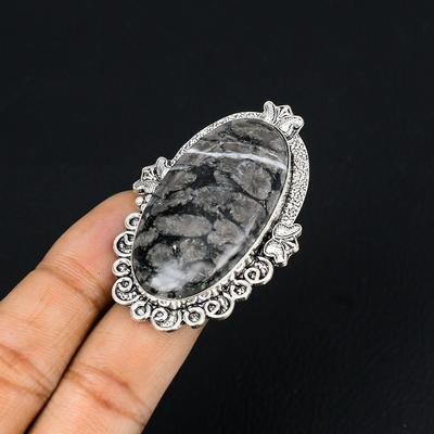 925er Sterlingsilber Ovaler Natürlicher Schwarzer Fossiler Korallen Einzigartiger Statement-Ring US 6.5
