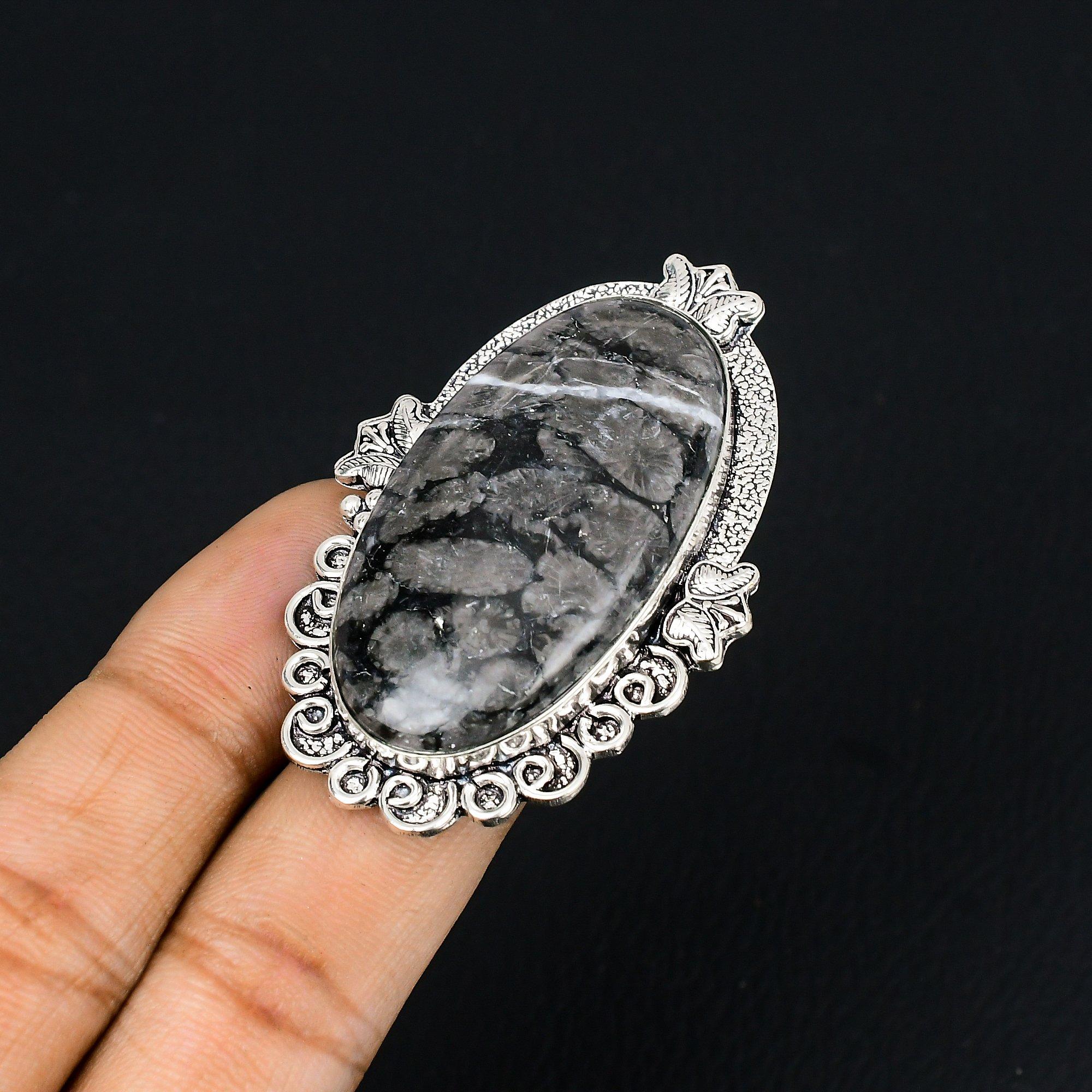 925 Sterling Silver Oval Natural Black Fossil Coral Unique Statement Ring US 6.5 6.5