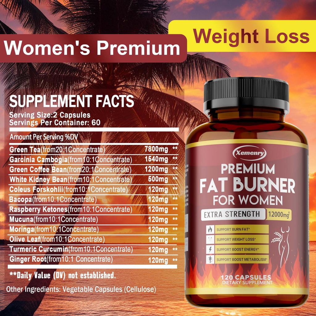 XEMENRY Green Tea Garcinia Cambogia Capsules 120ct — 12 Plant Extracts, Daily Wellness