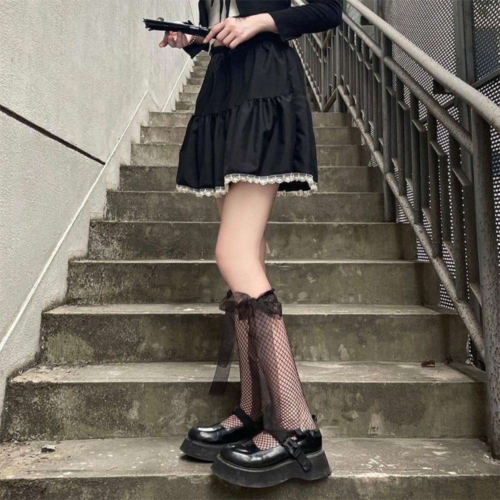 Black Streamer Half-length Stockings Women's Thin Summer Cute Medium Tube Calf Socks Lolita Bow Jk Long Socks