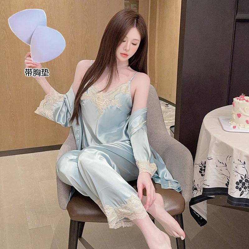 Summer new home wear ice and snow silk three-piece set, sweet fashion, sexy V-neck camisole pants for women