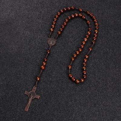 Christ Jesus Wooden Beads 8mm Rosary Bead Cross Pendant Woven Rope Chain Necklace Religious Orthodox Praying Jewelry