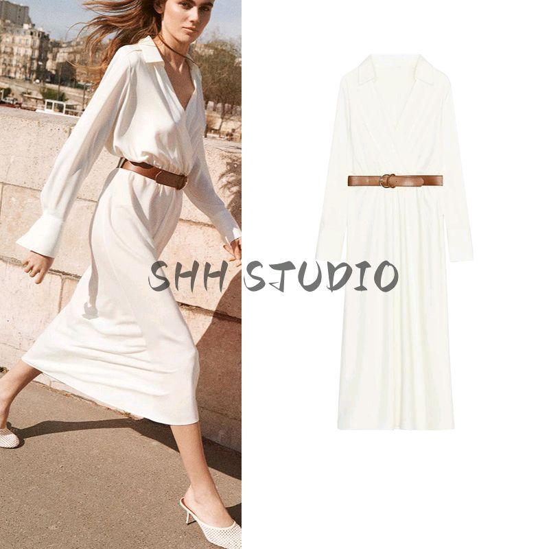 Spring New Women's Clothing Work Clothing Casual V-neck Long Sleeves with Belt Silk Satin Texture Dress 2298053