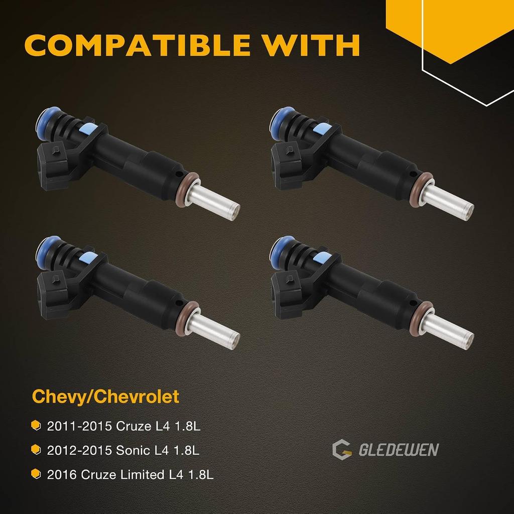 Fuel Injector Set 4Pcs 8Holes, Compatible with 2011-2016 Chevrolet Cruze Sonic Cruze Limited 1.8L L4 Engine, Replace# FJ1153 25185231