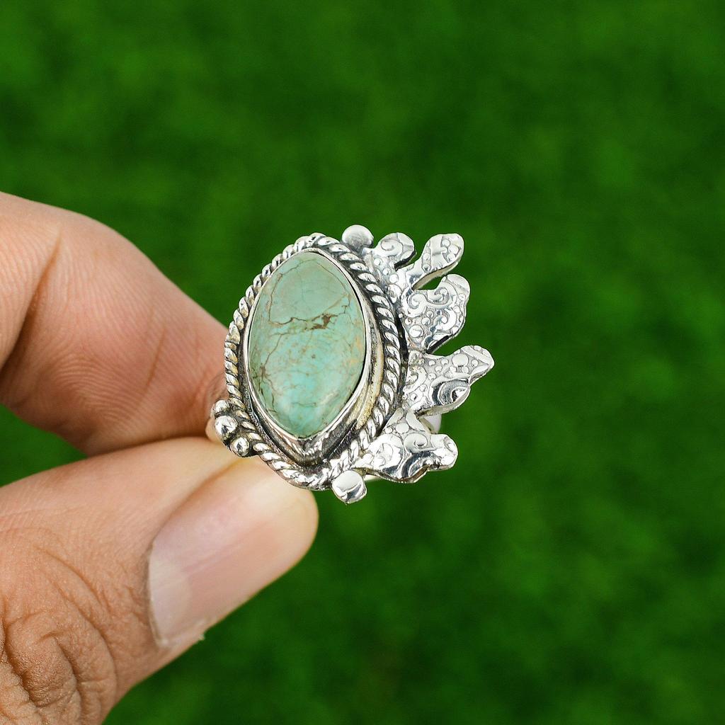 Gift For Her Natural Tibetan Turquoise Statement Adjustable Ring 925 Silver