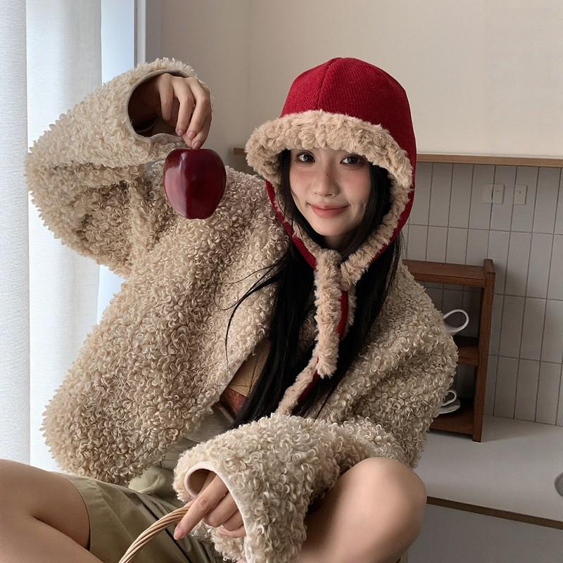 Womens Red Fuzzy Earflap Beanie Winter Warm Knit Hat Oversized Slouchy Style Cold Weather