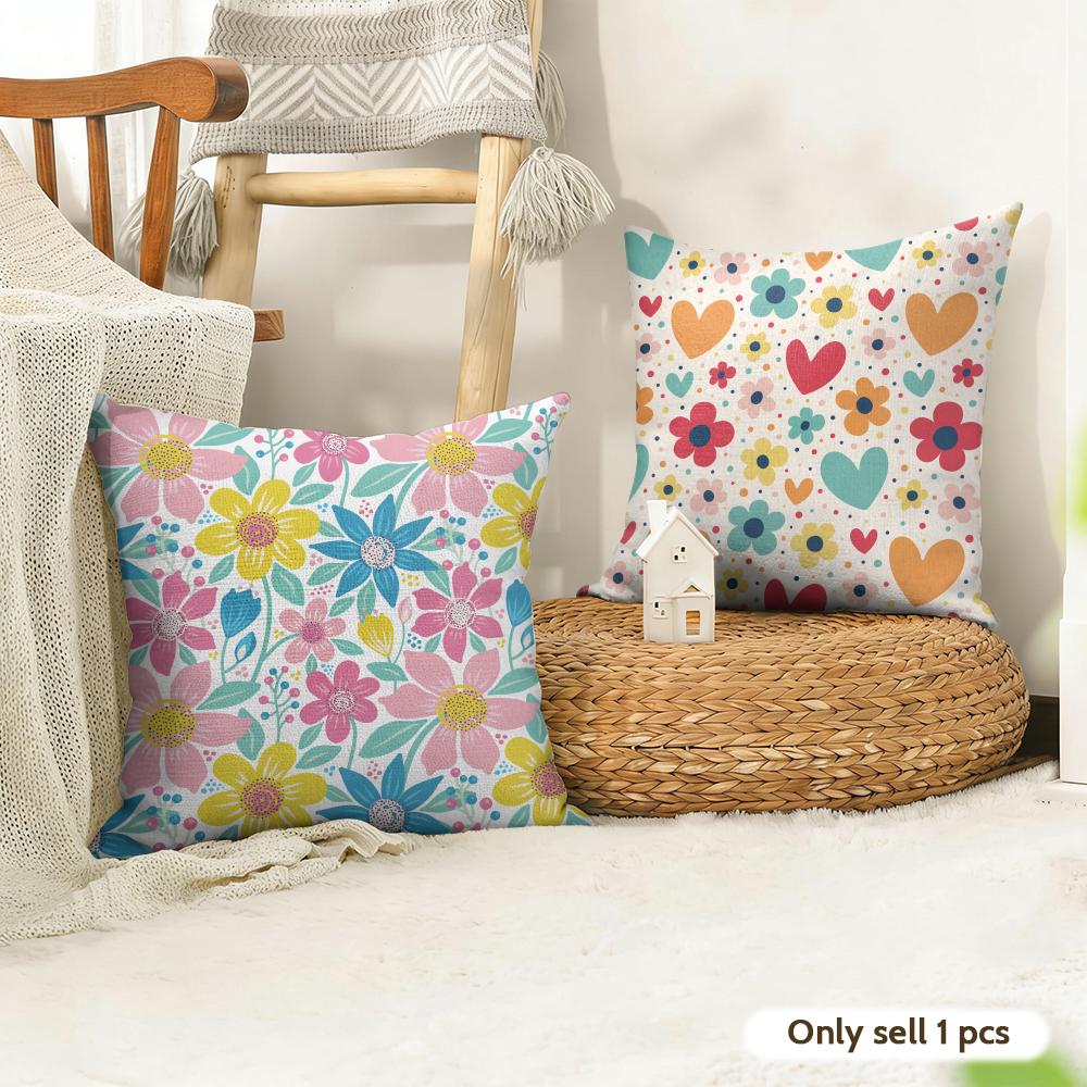 Colorful Flowers Cushion Cover Natural Linen Organic Fabric DoubleSided Printing Couch Pillow Covers Home Decor
