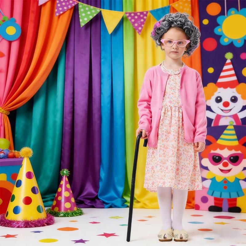 100 Days Of School Granny Costume Set For Kids Pink Floral Print A Line Dress With Long Sleeves For Halloween And Dance Parties