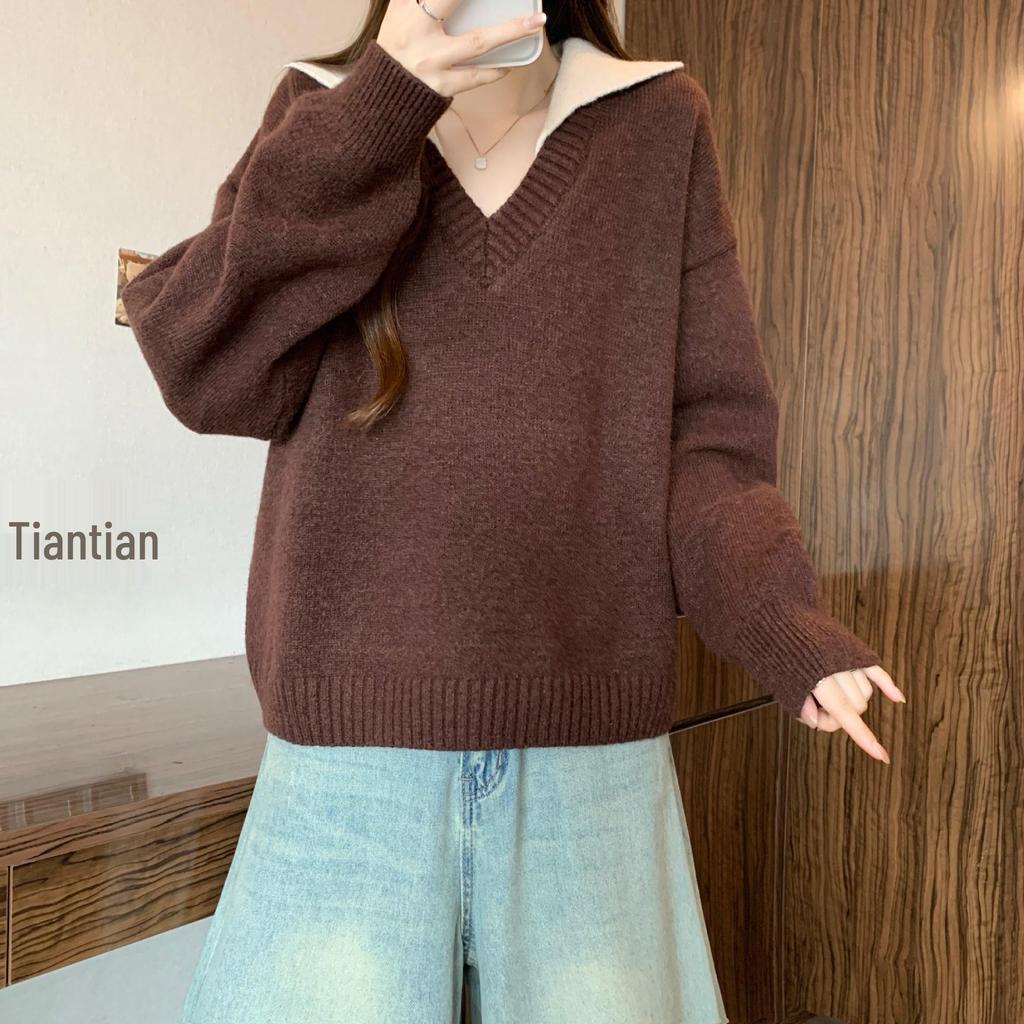 Plus Size Red V-Neck Knitted Sweater - Slimming, Loose-Fit, Age-Reducing Christmas Jacket for Autumn/Winter