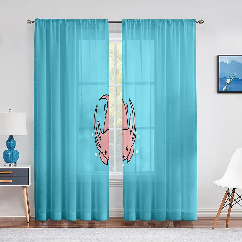 Cartoon Watercolor Axolotl with Hat Sheer Voile Curtain Sealife Reptiles Chiffon Tulle Curtains for Living Room Bedroom Drapes