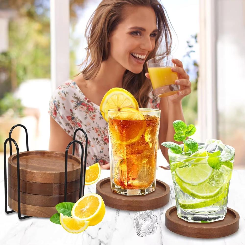4/6pcs With Holder Wood Coasters Thickened Insulated Cup Mat Household Teacup Mat Office