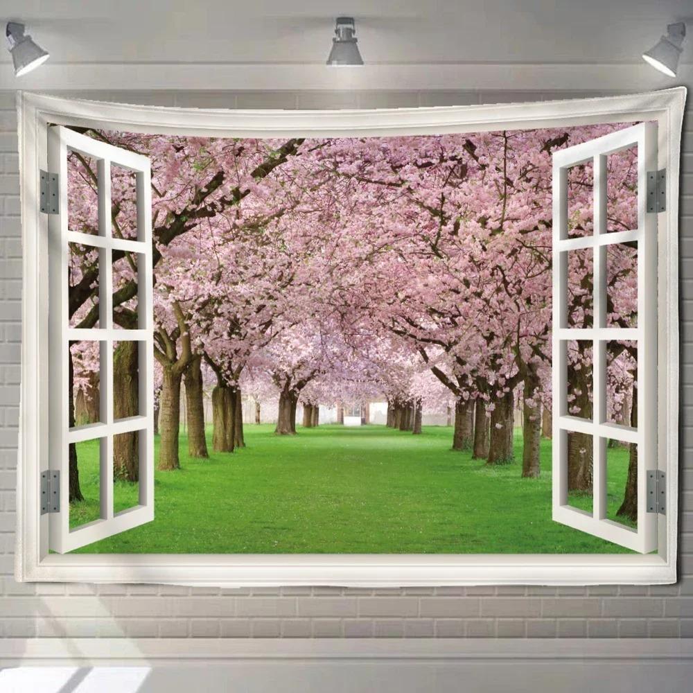 Home decoration natural ecological beach scenery imitation window paper art tapestry background wall room beautiful living room