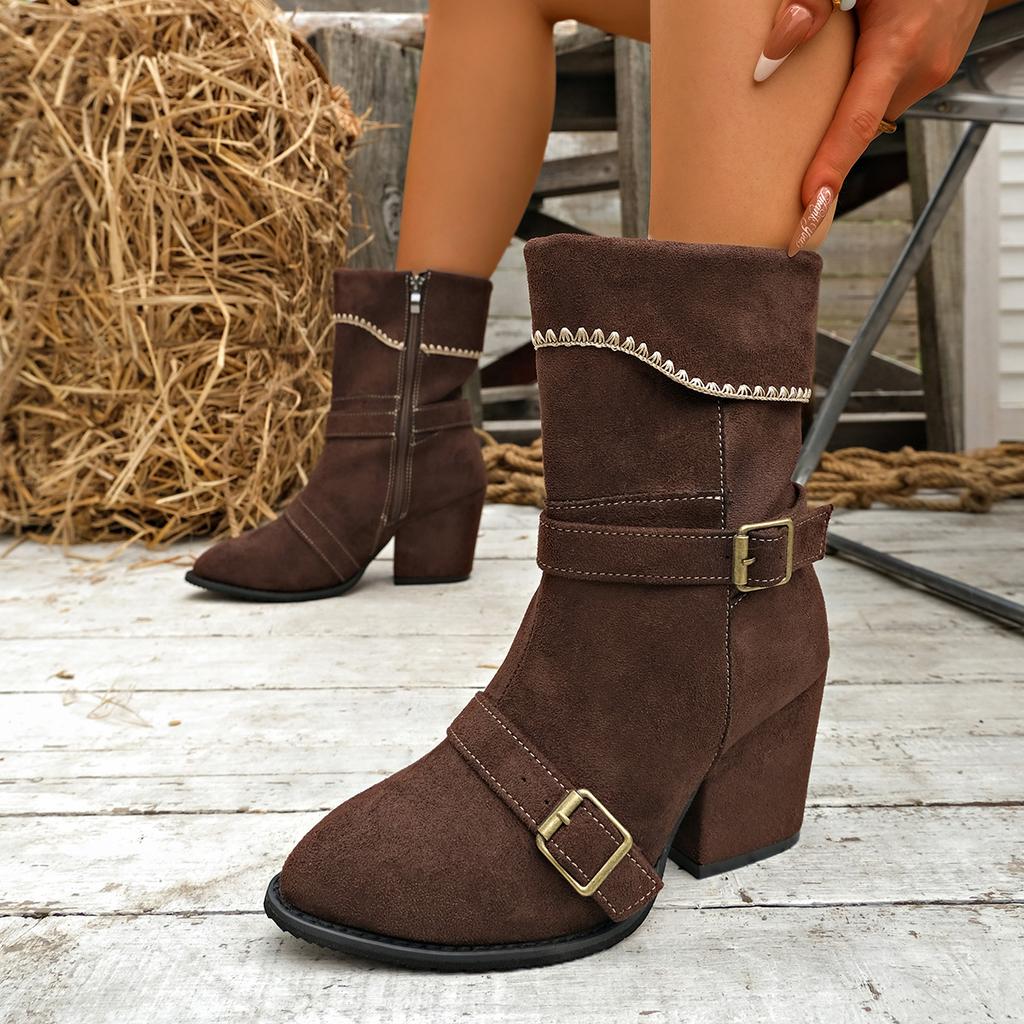 Women's new fashion boots autumn and winter new belt buckle flip large size medium tube pointed Martin boots in stock