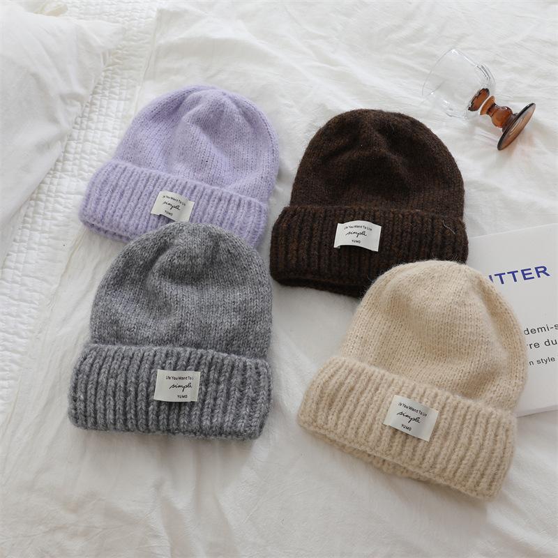 Korean Dopamine Simple Letter Wool Hat for Women Thickened Warm Knitted Hat Letter Labeling for Men and Women