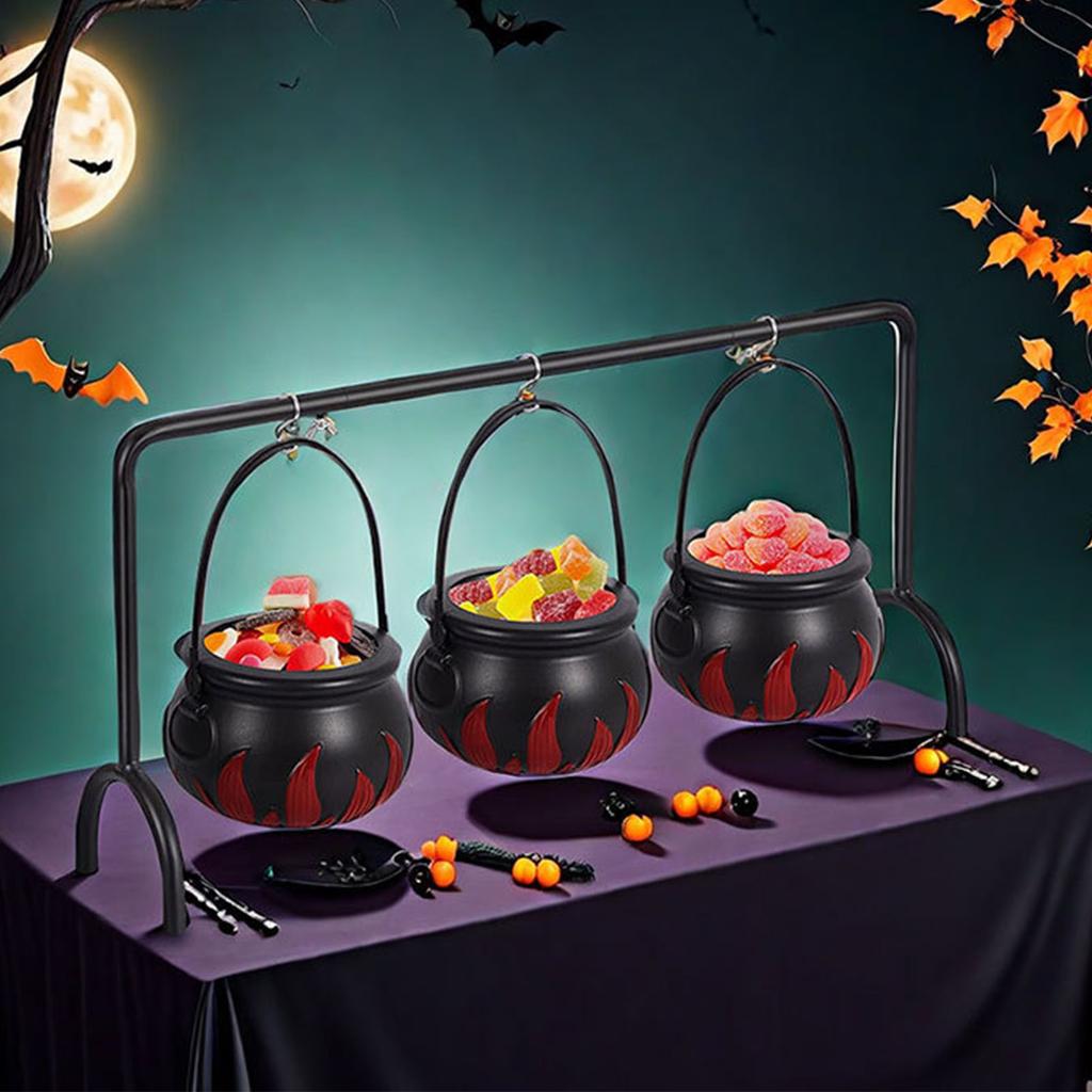 3 Pcs Witches Cauldron Serving Bowls on Rack Halloween Party Decorations Hanging Black Cauldron Bowls for Kitchen