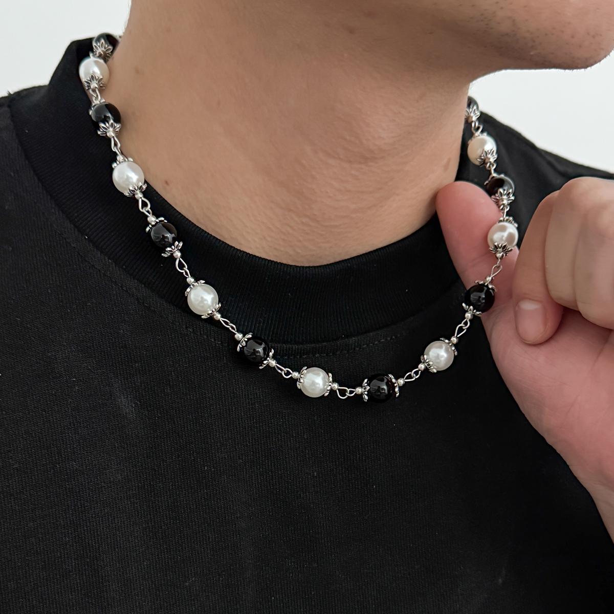 

SHIXIN Hip Hop Colourful Beaded Chain Necklace for Men New Fashion Smooth Imitation Pearl Choker Male Jewelry Neck Accessories