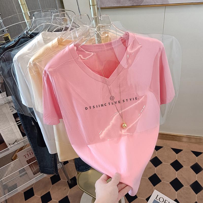 

2025 New Summer Pink T-Shirt Women s Short Sleeve V-Neck Loose Chicken Heart Neck Cotton Half Sleeve Front Shoulder Short Top S