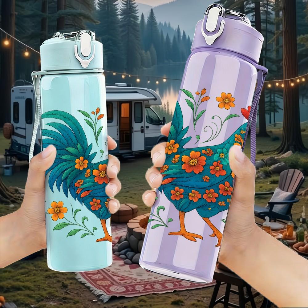 1PC Folk Colorful Rooster Print 750ml Color Plastic Sports Water Bottle Leakproof Flip Straw Lid Suitable for Sports Office Home Use
