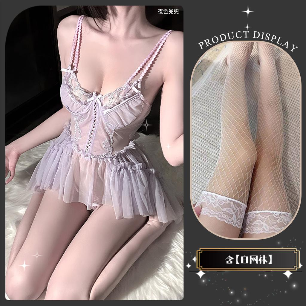 Erotic underwear French mesh sexy suspender nightdress hollow embroidery pure lace perspective girl